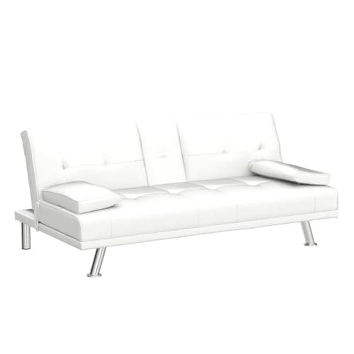 Modern Futon Sofa Bed with Adjustable Positions and Cup Holder - White