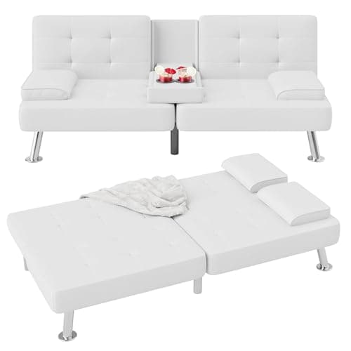 Flamaker Black PU Leather Modern Folding Futon Sofa Bed with Cup Holders