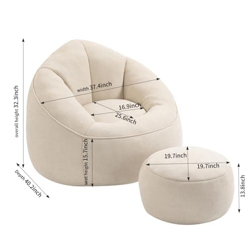 Modern Bean Bag Chair with Ottoman, Comfy Sofa Chair with High Pressure Foam - Beige