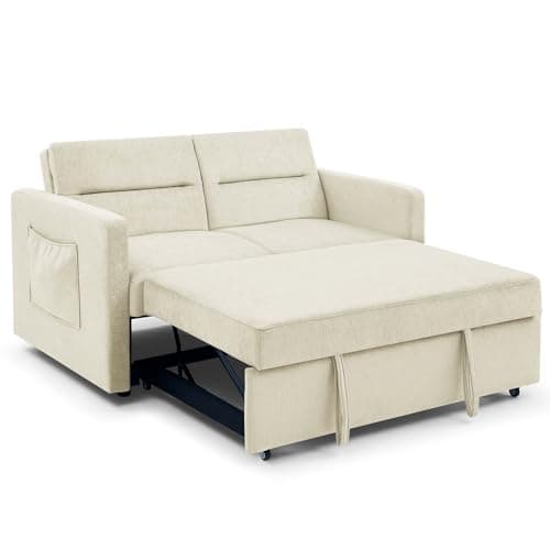 Modern 3 in 1 Convertible Sleeper Sofa Bed, Loveseat Couch with Pull-Out Bed, Reclining Backrest & Side Pocket, Blue
