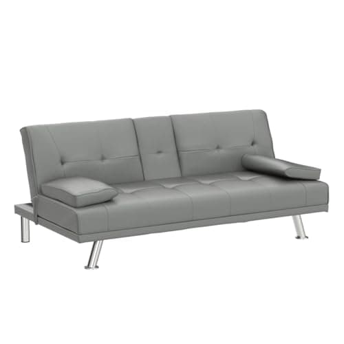 Antetek Modern Convertible Faux Leather Futon Sofa Bed with Cup Holder – Grey