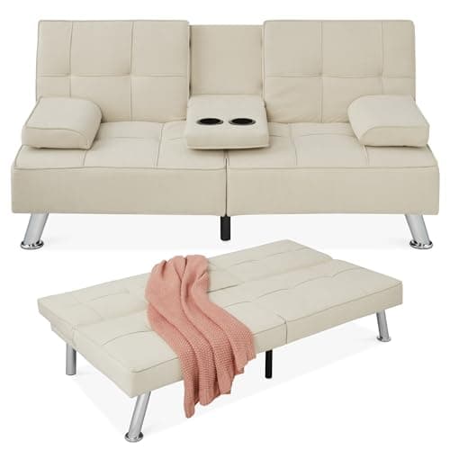 Best Choice Products Gray Linen Modern Folding Futon Reclining Sofa Bed for Apartment/Dorm