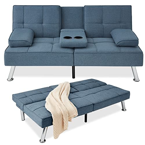 Best Choice Products Gray Linen Modern Folding Futon Reclining Sofa Bed for Apartment/Dorm