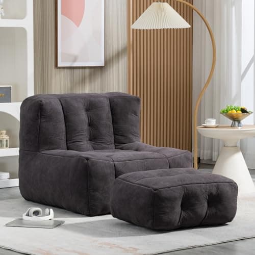 Modern Bean Bag Chair with Ottoman, Comfy Sofa Chair with High Pressure Foam - Beige