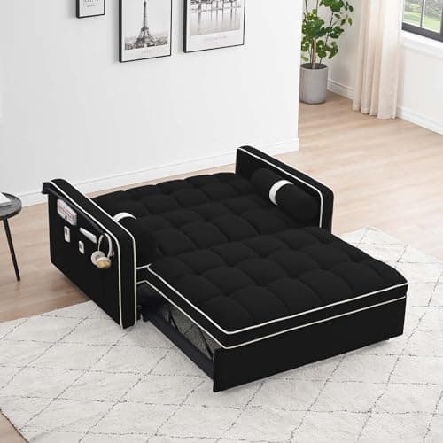 Upgraded Sleeper Sofa Couch Bed with Phone Holder, Small Modern Convertible Loveseat Futon Sofa w/Pullout Bed, Adjustable Backrest, Black