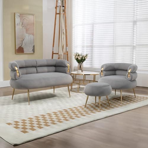 Antetek Velvet Loveseat Sofa with Golden Decor, Grey