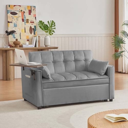 Antetek 3-in-1 Convertible Sofa Bed with Rotating Side Table, 53 Velvet Loveseat for Living Room, Office, and Small Spaces - Grey