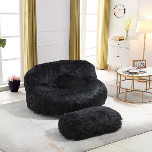 Modern Fluffy Beanbag Chair with Ottoman for Adults and Kids, Black