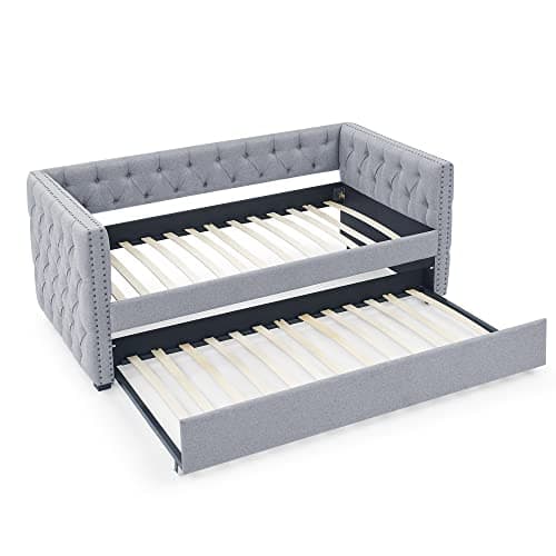 Twin Size Daybed with Trundle, Upholstered Sofa Bed Frame, Grey Linen