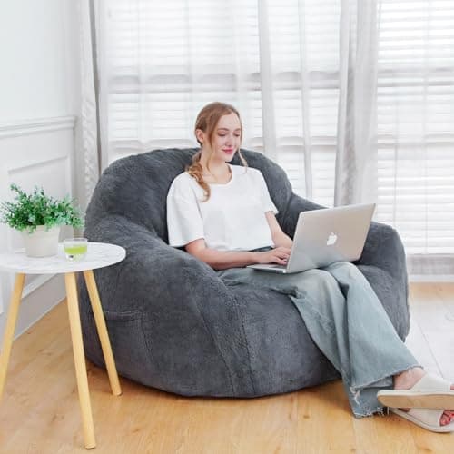 Comfy Giant Bean Bag Chair with Memory Foam for Adults | Gray Bean Bag Sofa for Bedroom, Living Room