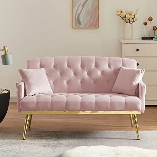 Modern Small Upholstered Loveseat Sofa with Side Pocket and Golden Metal Legs, Cream White Teddy