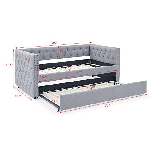 Twin Size Daybed with Trundle, Upholstered Sofa Bed Frame, Grey Linen