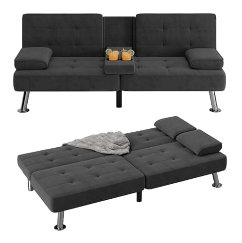 Flamaker Black PU Leather Modern Folding Futon Sofa Bed with Cup Holders
