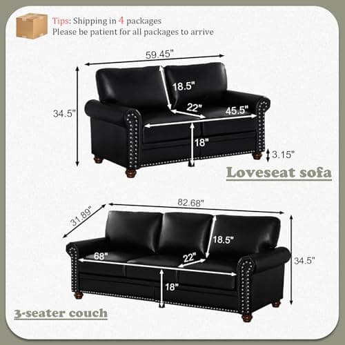 Comfy Upholstered Leather Sofa Set with Storage Space, Black