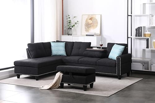 Faux Leather Sectional Sofa with Storage Ottoman for Living Room or Office