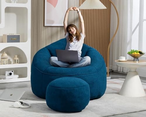 Modern Bean Bag Chair with Ottoman, Comfy Sofa Chair with High Pressure Foam - Beige
