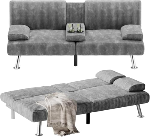 Flamaker Black PU Leather Modern Folding Futon Sofa Bed with Cup Holders