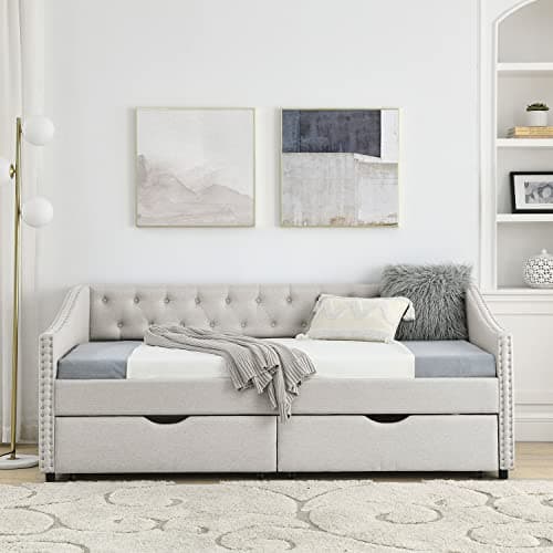 Modern Linen Upholstered Daybed with Drawers - Twin Size, Beige