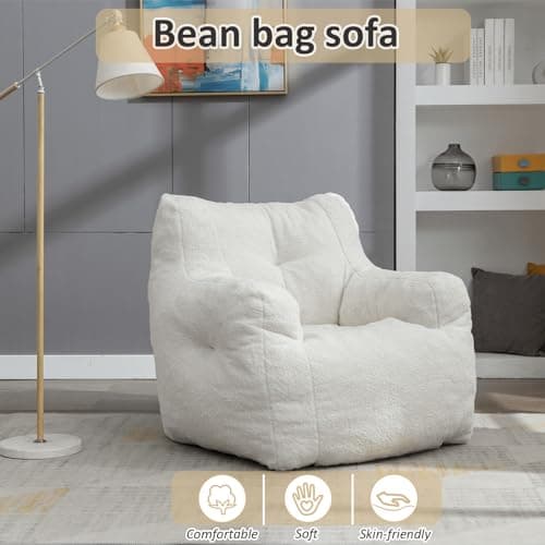 Bean Bag Chairs for Adults and Kids: Fluffy Memory Sponge Sofa with Armrests (White)