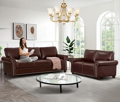 Comfy PU Leather Sofa with Storage Space & Solid Bun Feet, Small Modern Loveseat for Living Room Small Space, Bedroom, Red Brown