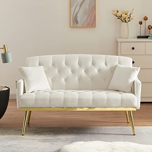 Modern Small Upholstered Loveseat Sofa with Side Pocket and Golden Metal Legs, Cream White Teddy
