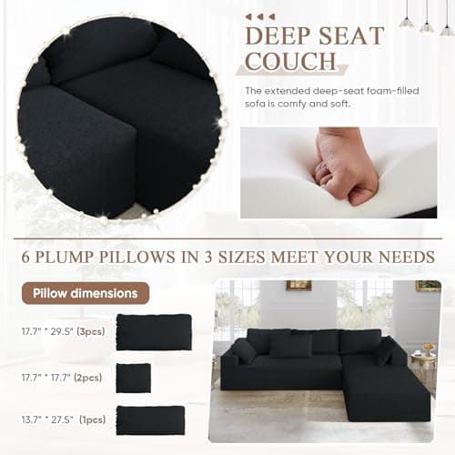 Modern Black L Shaped Sectional Sofa with 6 Pillows and Free Combination Sets