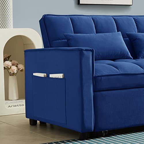 Antetek 3 in 1 Convertible Sleeper Sofa Bed, Blue Velvet Loveseat Futon Couch