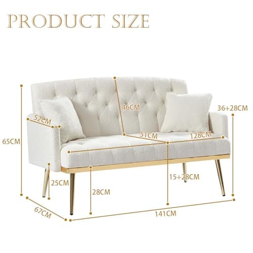 Modern Small Upholstered Loveseat Sofa with Side Pocket and Golden Metal Legs, Cream White Teddy