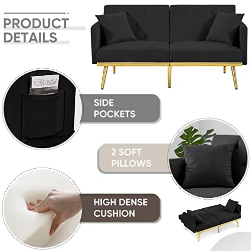 Antetek Convertible Velvet Futon Sofa Bed - Small Modern Loveseat for Living Room and Bedroom