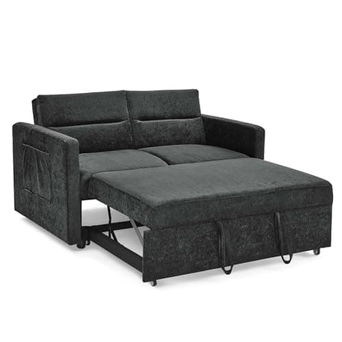 Modern 3 in 1 Convertible Sleeper Sofa Bed, Loveseat Couch with Pull-Out Bed, Reclining Backrest & Side Pocket, Blue
