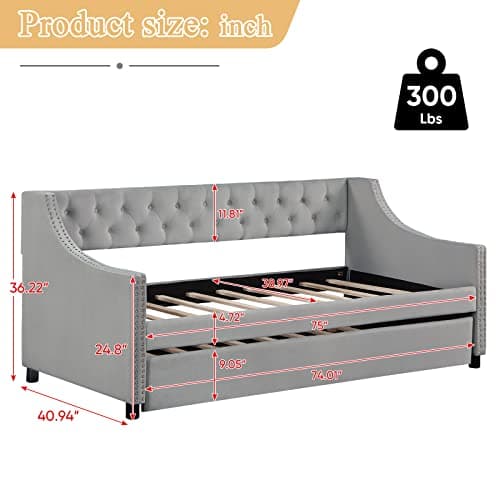Modern Grey Velvet Upholstered Twin Daybed with Trundle - No Box Spring Needed