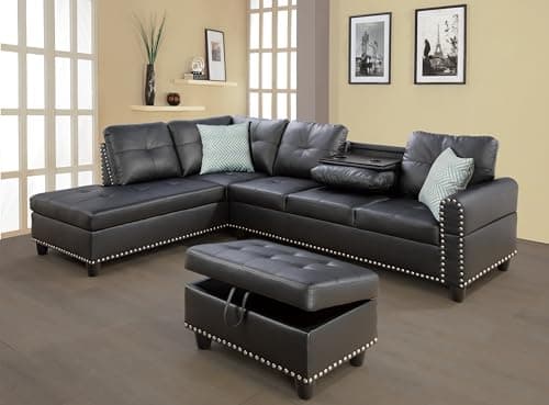 Faux Leather Sectional Sofa with Storage Ottoman for Living Room or Office