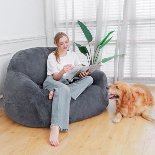 Comfy Giant Bean Bag Chair with Memory Foam for Adults | Gray Bean Bag Sofa for Bedroom, Living Room