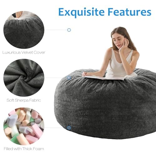 4 ft Memory Foam Bean Bag Chairs for Adults/Teens with Velvet Cover, Dark Grey
