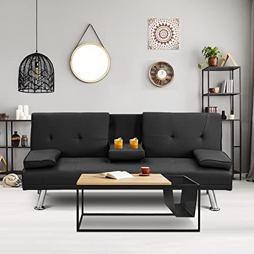 Modern Futon Sofa Bed with Adjustable Positions and Cup Holder - White