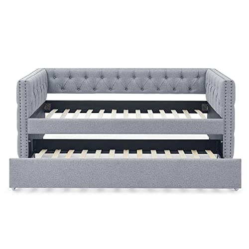 Twin Size Daybed with Trundle, Upholstered Sofa Bed Frame, Grey Linen