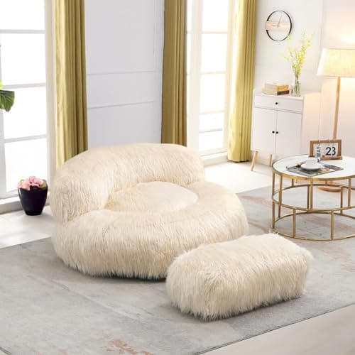 Modern Fluffy Beanbag Chair with Ottoman for Adults and Kids, Black