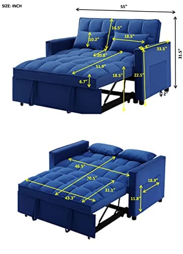 Antetek 3 in 1 Convertible Sleeper Sofa Bed, Blue Velvet Loveseat Futon Couch