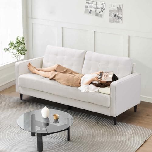 Antetek 74 inch Modern Linen Tufted 3 Seater Sofa Couch, Comfy Oversized Loveseat for Living Room, Bedroom, Office - Light Grey