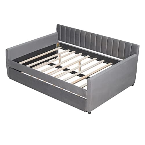 Upholstered Daybed with Trundle and Wood Slat Support, Gray