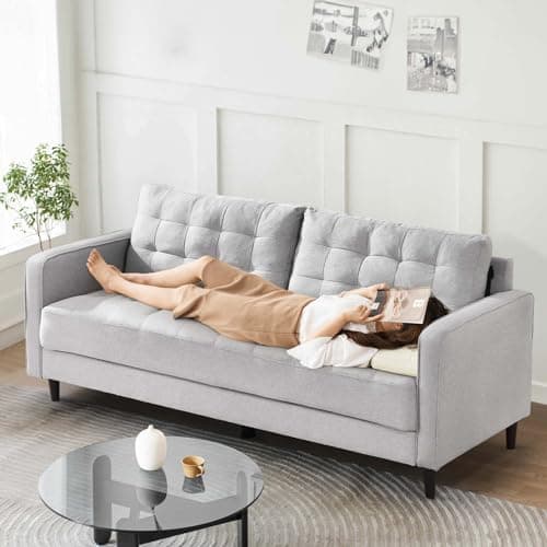 Antetek 74 inch Modern Linen Tufted 3 Seater Sofa Couch, Comfy Oversized Loveseat for Living Room, Bedroom, Office - Light Grey