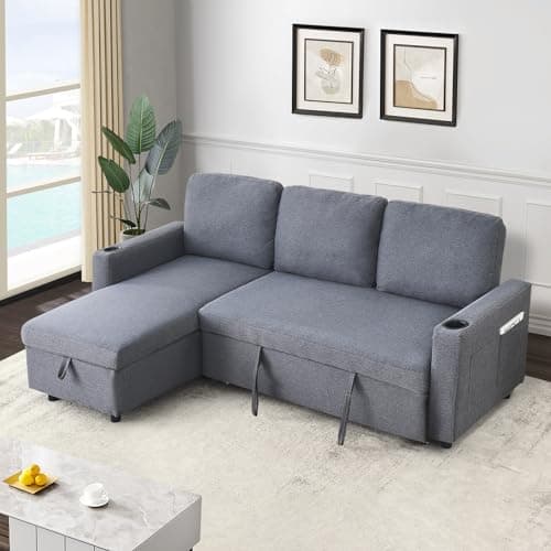 Antetek Reversible L-Shaped Sofa Bed with Storage and Pull-Out Bed for Small Spaces, Light Grey