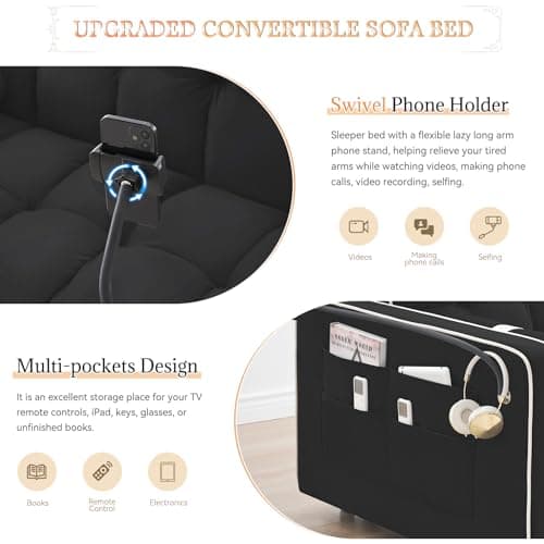 Upgraded Sleeper Sofa Couch Bed with Phone Holder, Small Modern Convertible Loveseat Futon Sofa w/Pullout Bed, Adjustable Backrest, Black