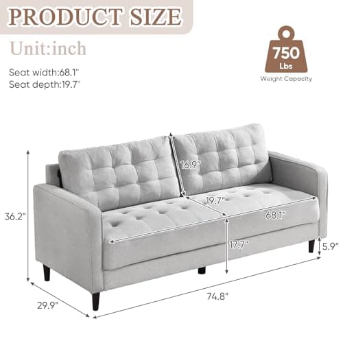 Antetek 74 inch Modern Linen Tufted 3 Seater Sofa Couch, Comfy Oversized Loveseat for Living Room, Bedroom, Office - Light Grey