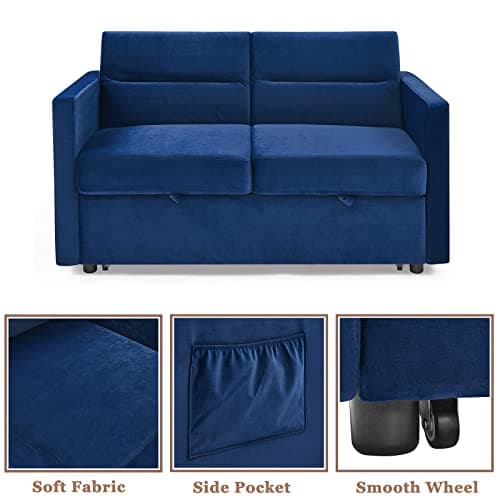 Modern 3 in 1 Convertible Sleeper Sofa Bed, Loveseat Couch with Pull-Out Bed, Reclining Backrest & Side Pocket, Blue