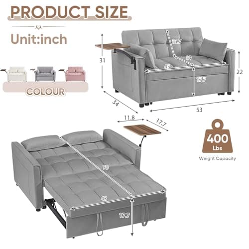 Antetek 3-in-1 Convertible Sofa Bed with Rotating Side Table, 53 Velvet Loveseat for Living Room, Office, and Small Spaces - Grey