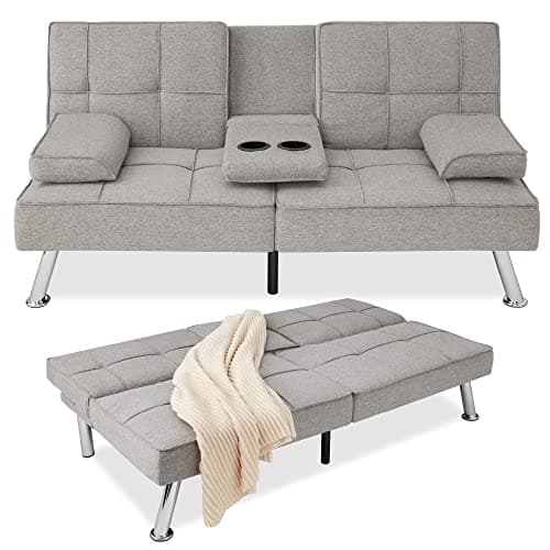 Best Choice Products Gray Linen Modern Folding Futon Reclining Sofa Bed for Apartment/Dorm