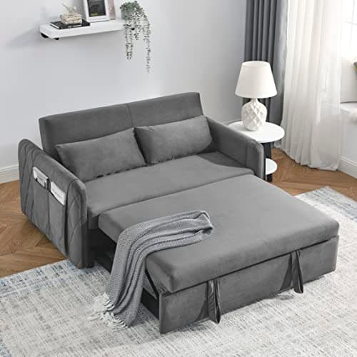 Modern Velvet 3-in-1 Sleeper Sofa Bed Love Seat with Reclining Backrest, Pillows, Pockets for Living Room Apartment