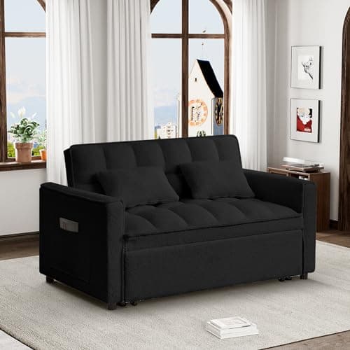 Convertible Sleeper Sofa Couch with Pullout Bed, Loveseat with Storage and Pillows, Modern Futon Couch Bed for RV, Living Room, Bedroom and Small Space in Black Teddy