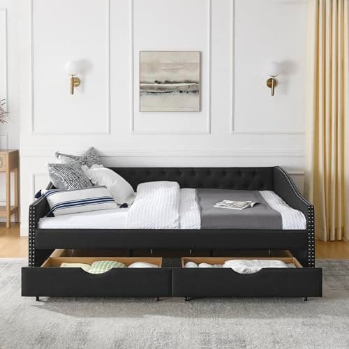 Queen Size Wood Daybed with Drawers and Linen Upholstered Sofa Bed